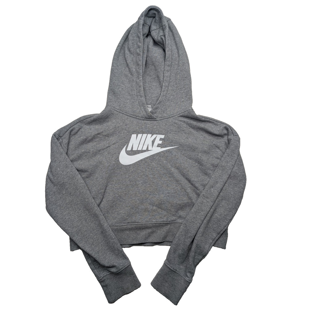 Nike Club Big Kids Gray French Terry Cropped Hoodie Youth XL Allover Swoosh Logo